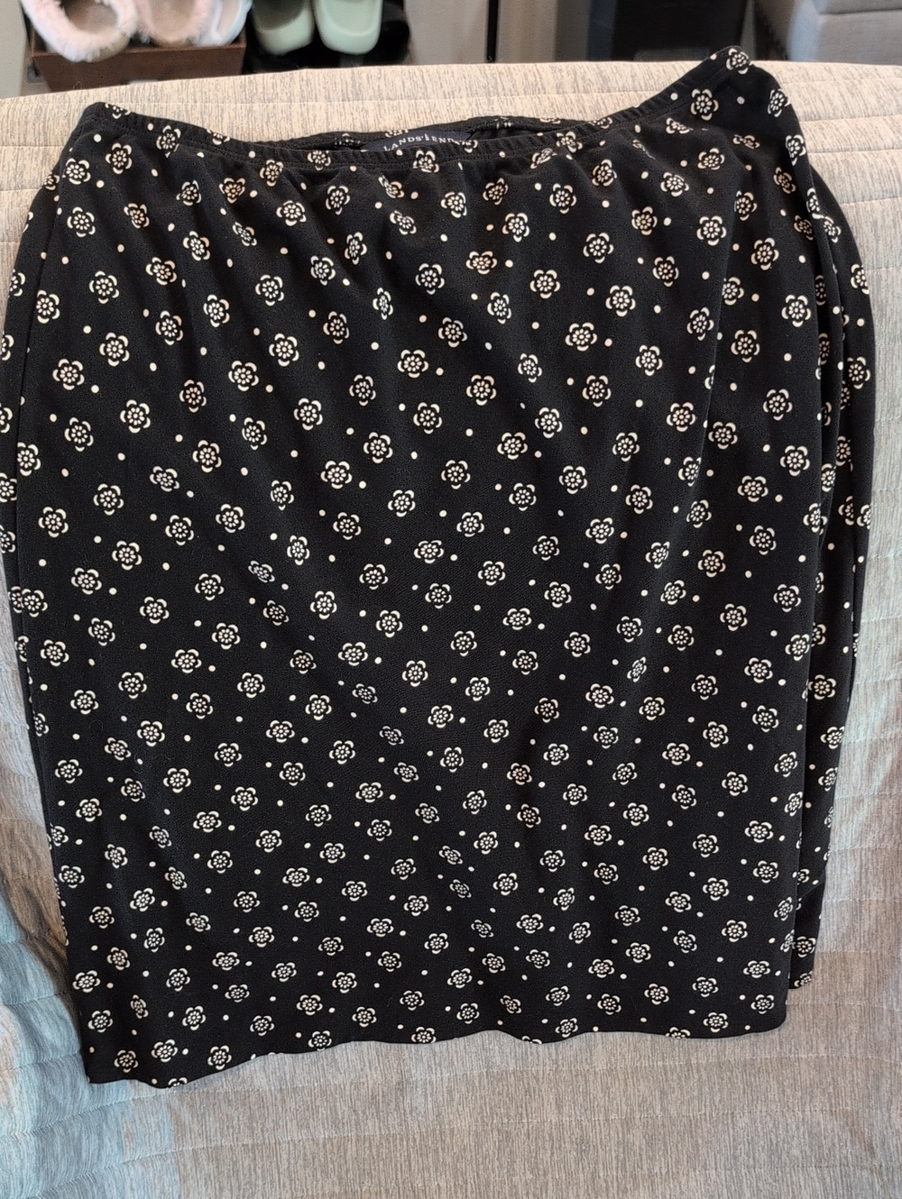 Lands' End Black Pencil Skirt with White Floral Dot Print